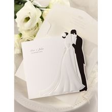 Black and white trifold wedding invitation; bride and groom embossed design with envelope